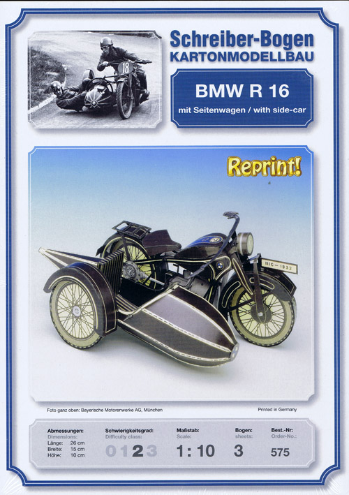 Modell-ark,BMW R16 med sidovagn,-skala 1:10,-omtryck
