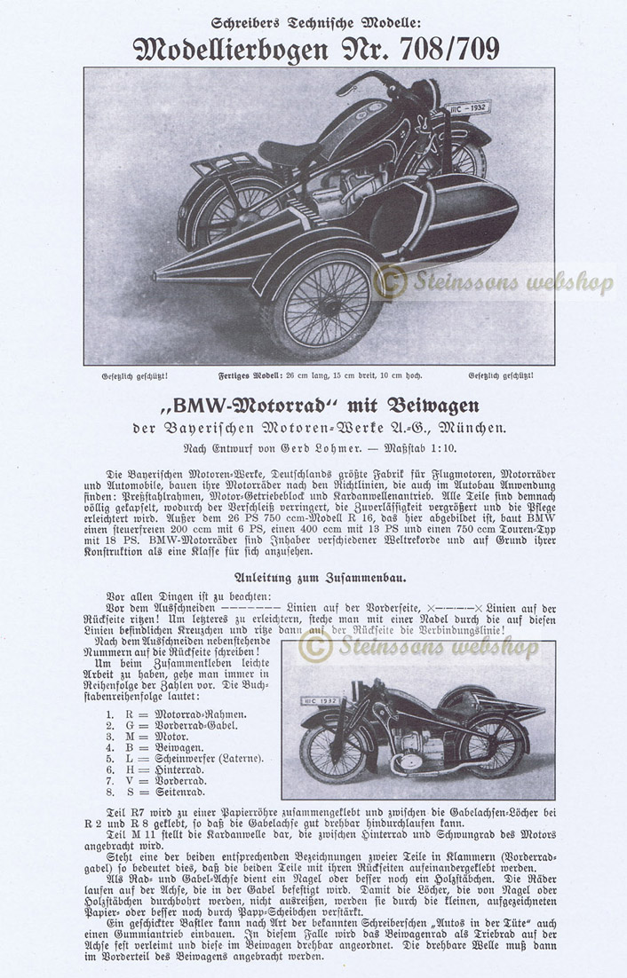 Modell-ark,BMW R16 med sidovagn,-skala 1:10,-omtryck - 2