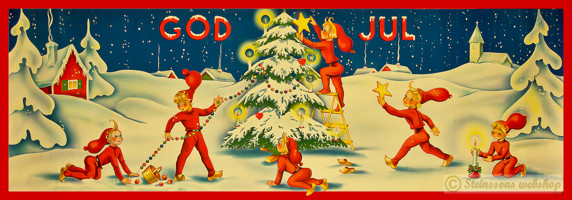 Traditional Scandinavian christmas poster, Santas dress up the Christmas tree in snowy landscape
