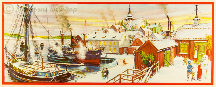 Stor bonad L044old - Vinter i hamnen,osignerad, gammal, 1940talet 