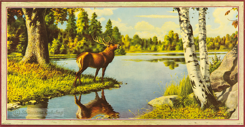 Liten bonad. - Hjort vid sjöstrand, av Anders Olsson från 1950 talet