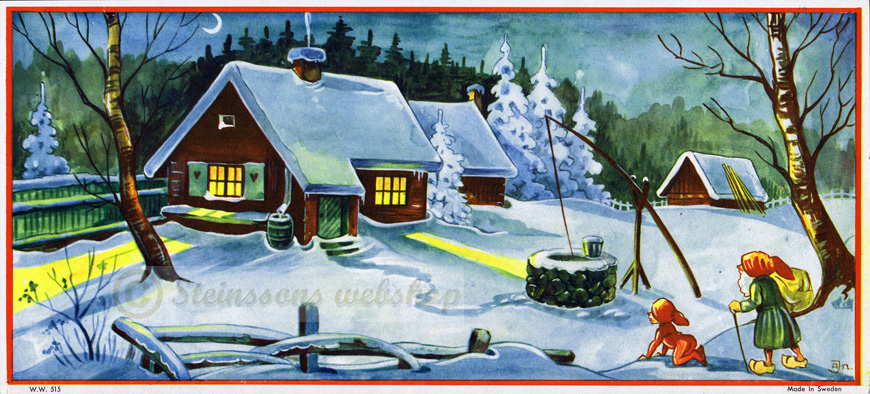 Liten bonad - Tomte och nisse utanför stugan 1950talet AJN