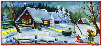 Liten bonad - Tomte och nisse utanför stugan 1950talet AJN