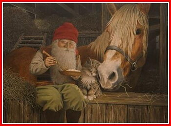 Bonad "Tomte äter gröt med häst och katt", 50 x 35 cm, Jan Bergerlind