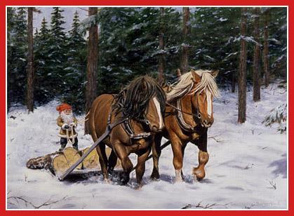 Bonad "Arbetshästar och tomte i skog", 50 x 35 cm, Jan Bergerlind