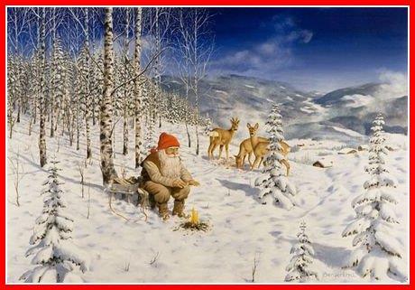 Bonad "Tomte värmer sig", 50 x 35 cm, Jan Bergerlind
