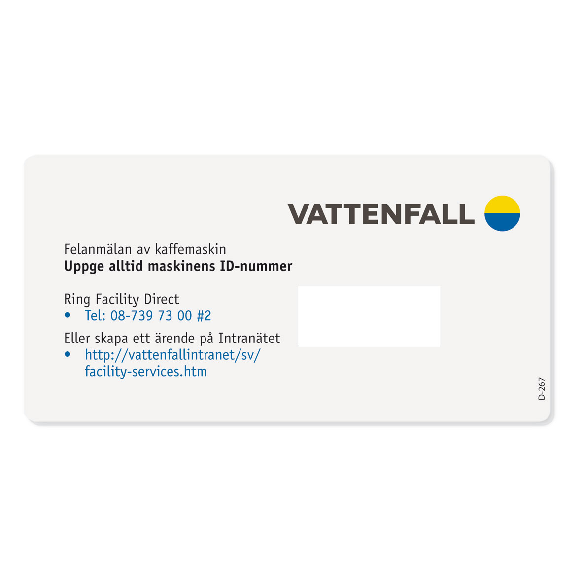 Vattenfall, felanmälan dekal för äldre ID nummer dekal.