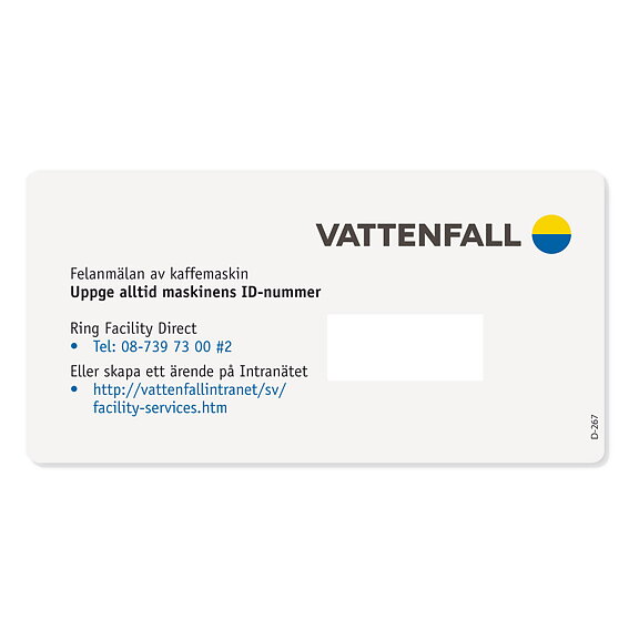 Vattenfall, felanmälan dekal för äldre ID nummer dekal.