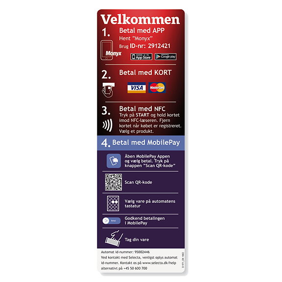 Betalinstruktion Kort,App,Monyx,MobilePay.