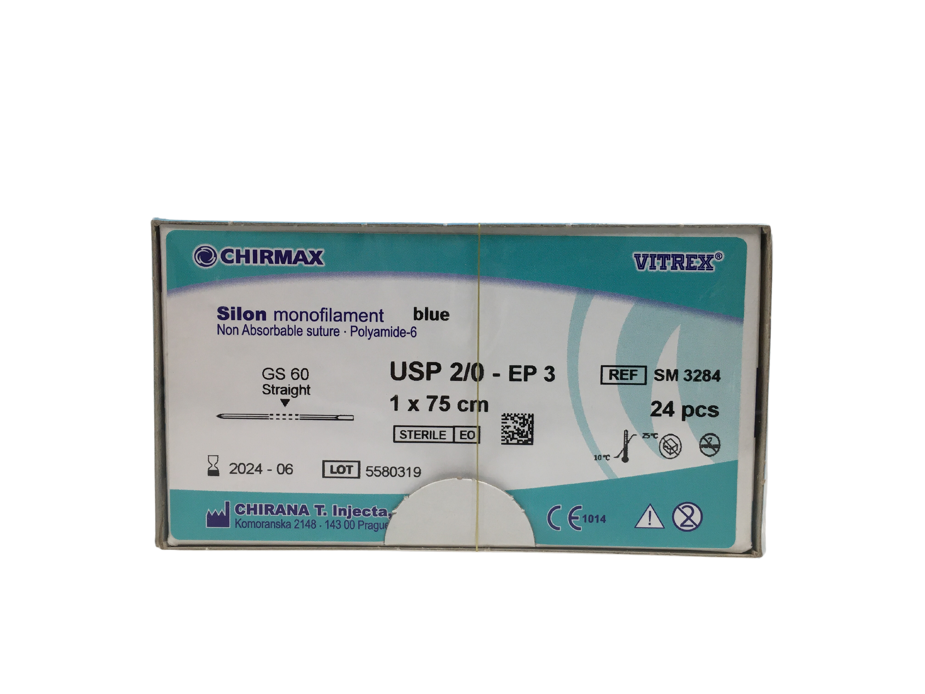 Silon sutur 2-0, GS 60 mm STRAIGHT needle, 75 cm blue