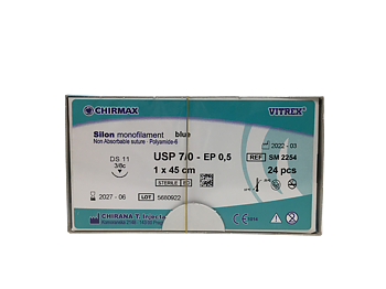 Silon suture 7-0, DS 11 mm needle, 45 cm blue