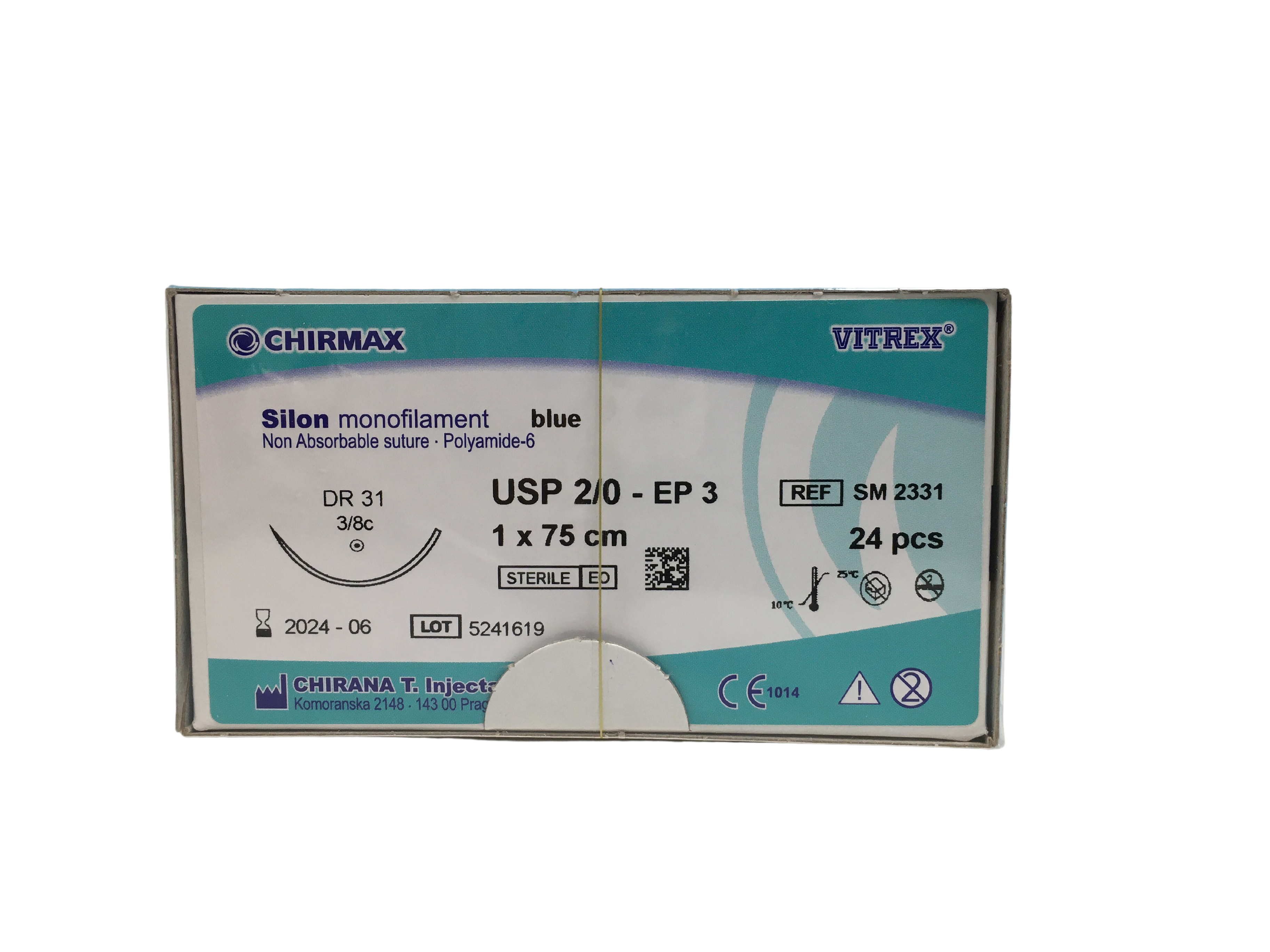 Silon suture 2-0, DR 31 mm needle, 75 cm blue
