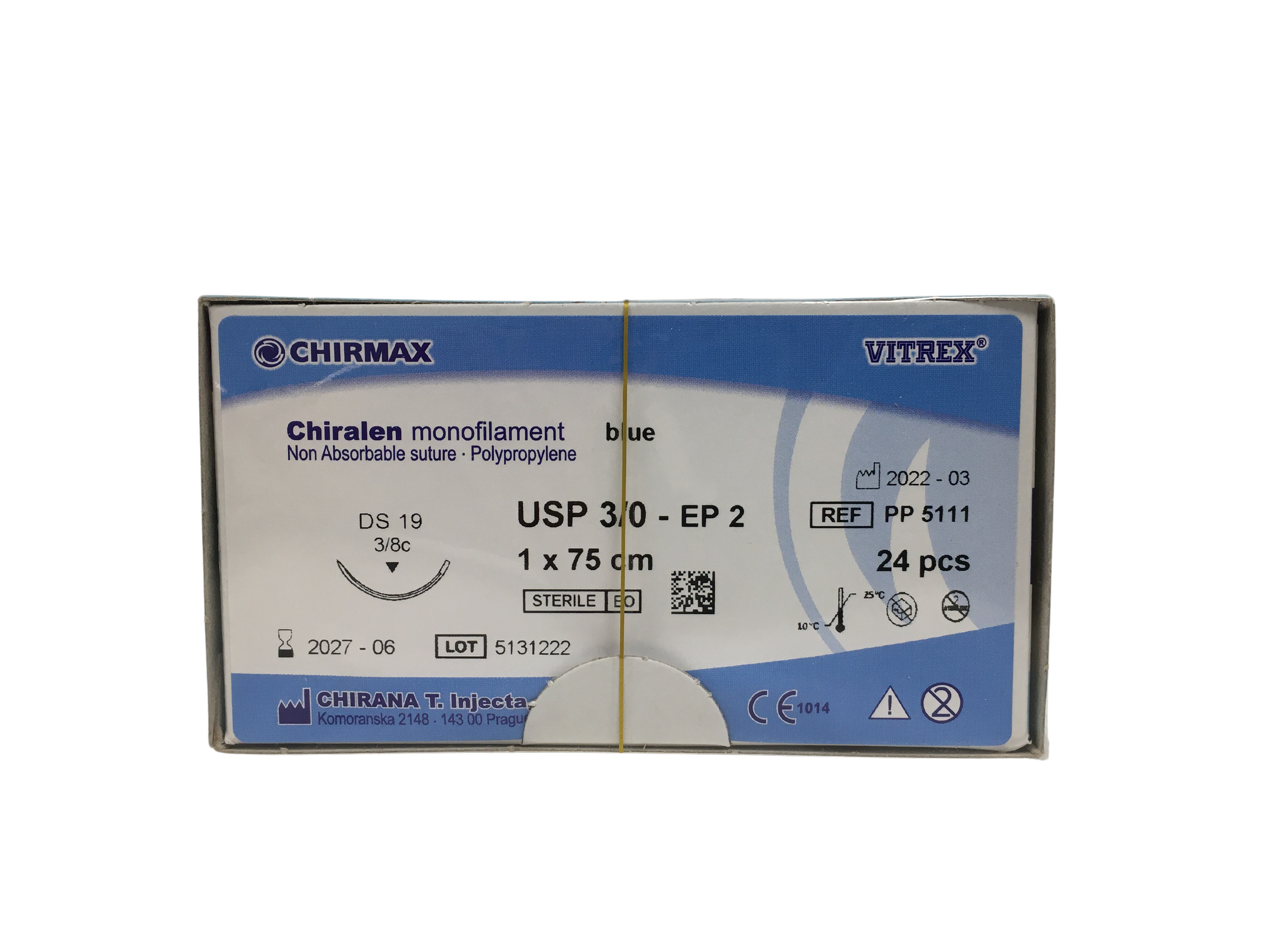 Chiralen sutur 3-0, DS 19 mm needle, 75 cm blue