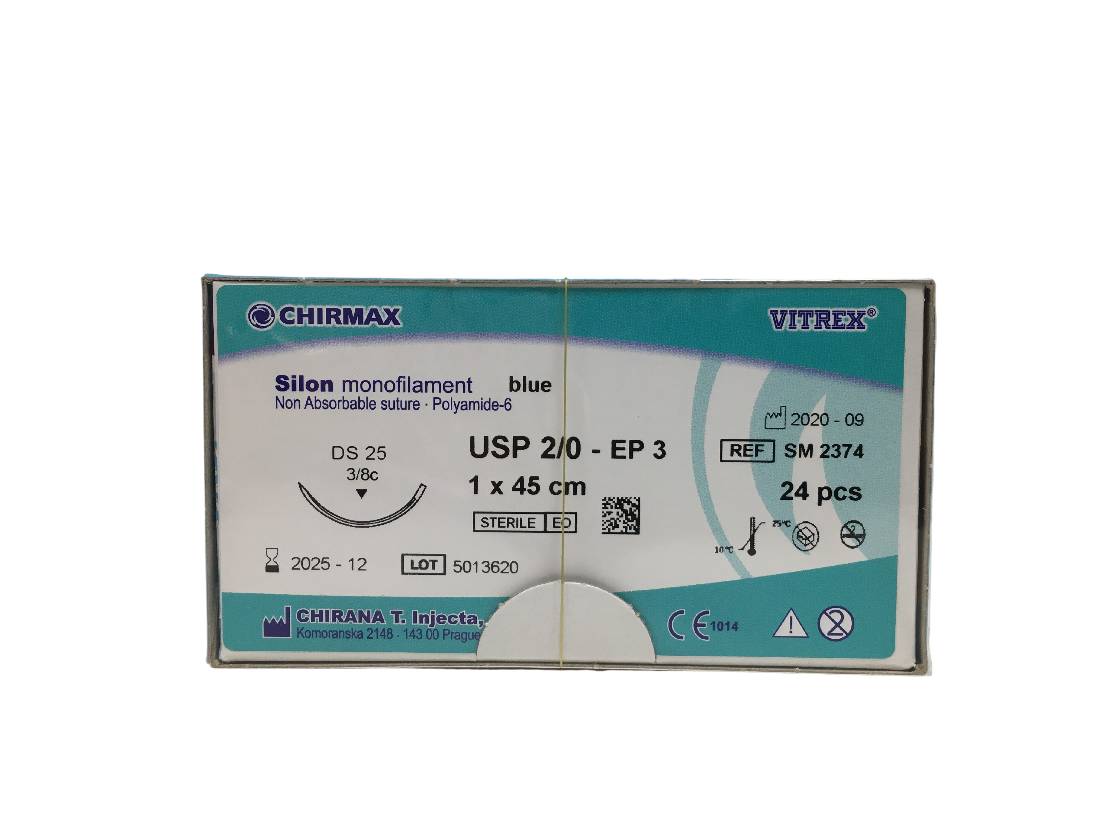Silon suture 2-0, DS 25 mm needle, 45 cm blue