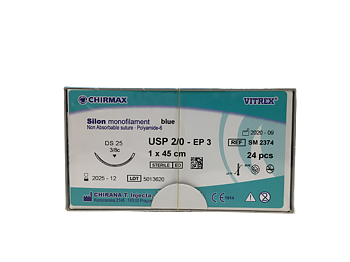Silon suture 2-0, DS 25 mm needle, 45 cm blue