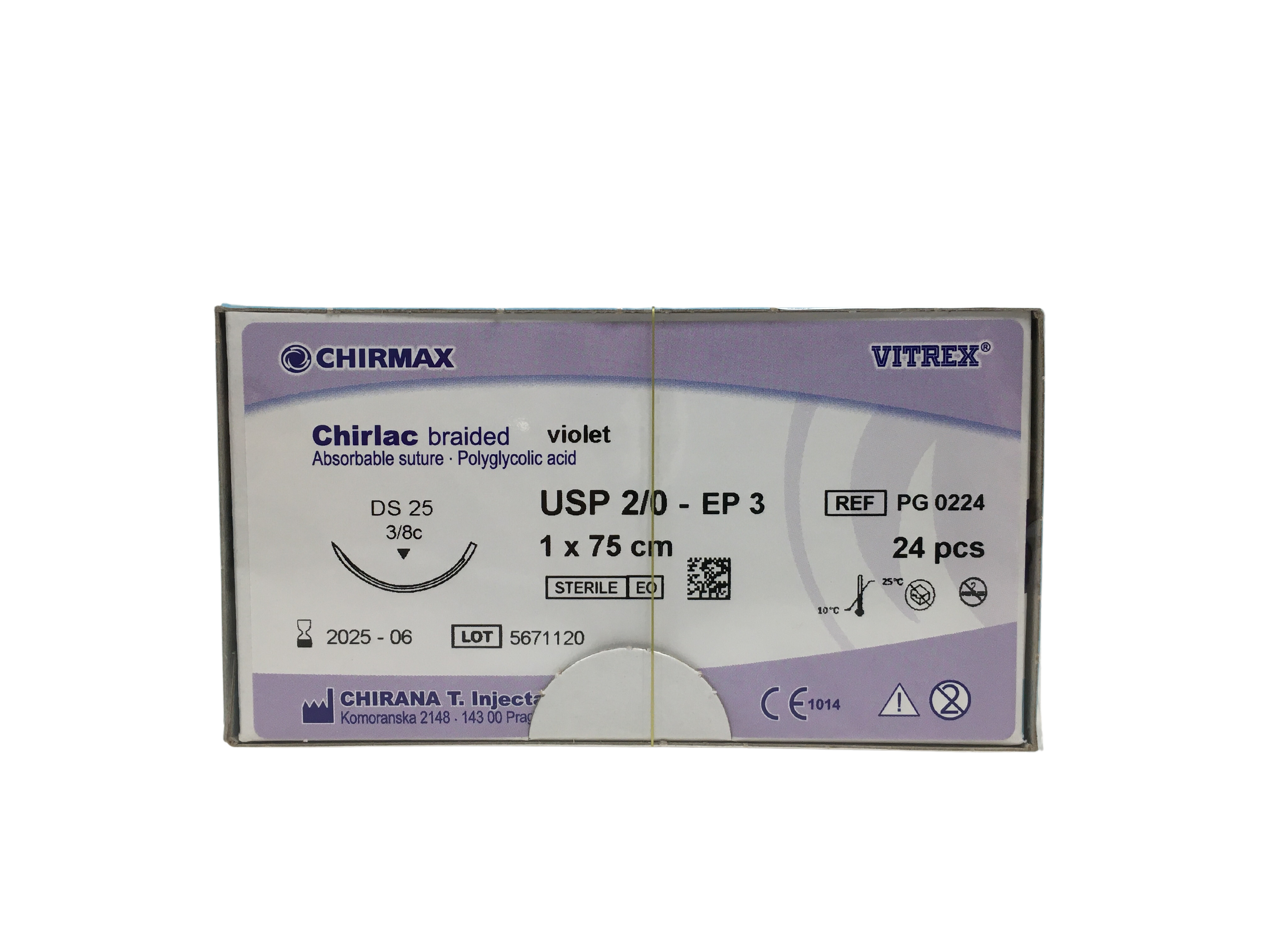 Chirlac suture 2-0, DS 25 mm needle, 75 cm violet
