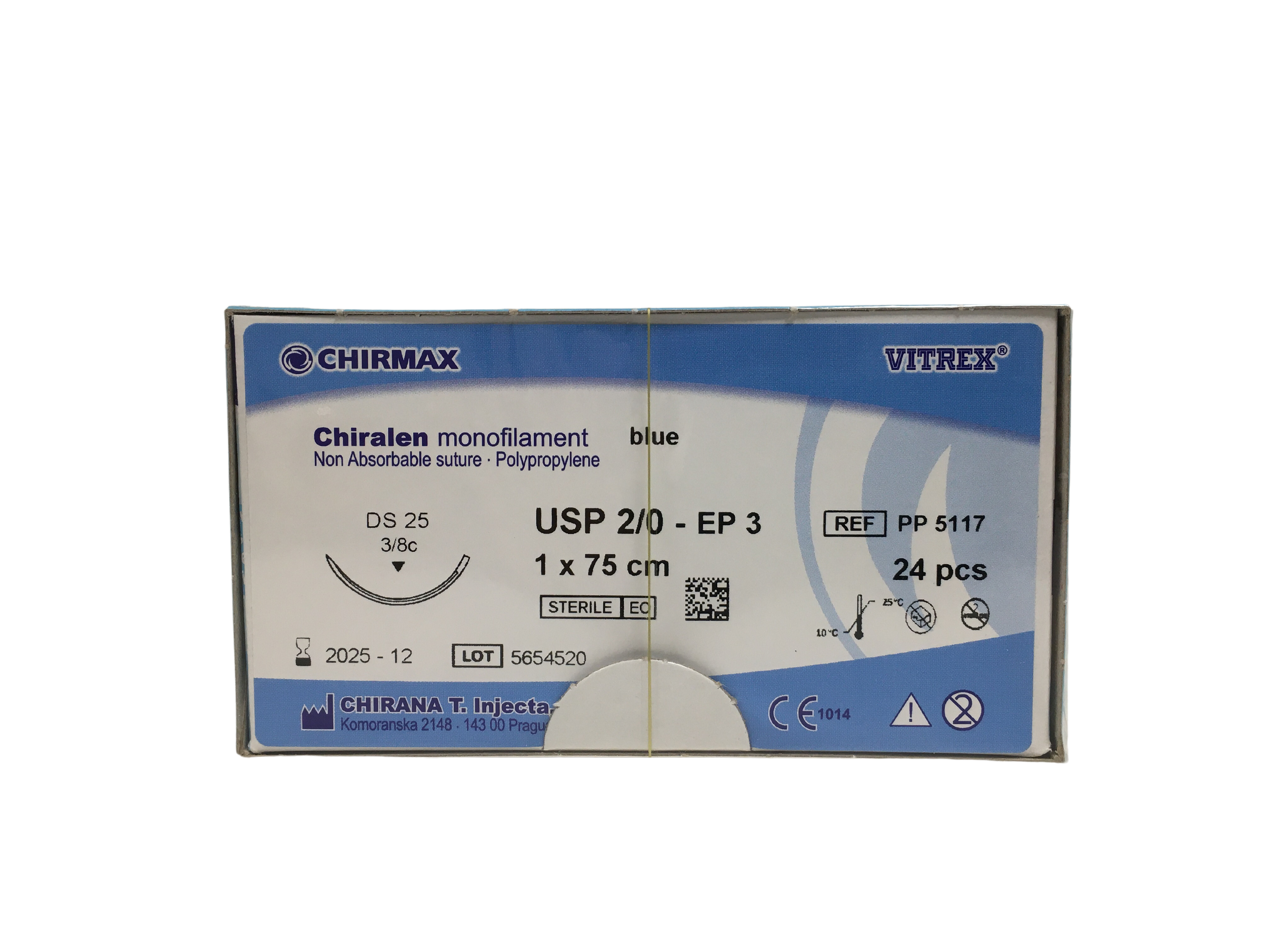 Chiralen sutur 2-0, DS 25 mm needle, 75 cm blue