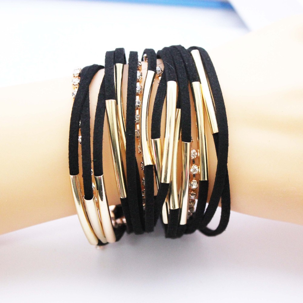 Armband i läder och Strasskristaller samt i 18 K Guldplätering -Svart - 2