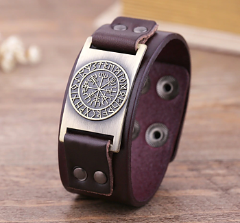 Armband "Odins Vegvisir kompass" i läder och Antik Brons 