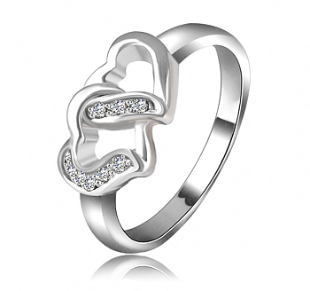 Ring "Two hearts" med små Austrian Crystals och platinumplätering