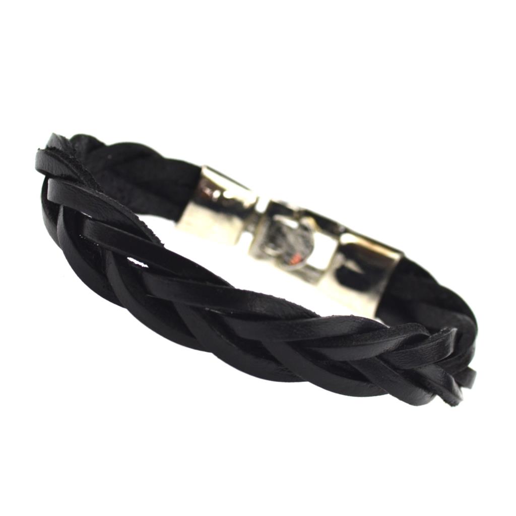 Armband med tvinnade läderremmar och knäppning i rostfritt stål -Svart - 2