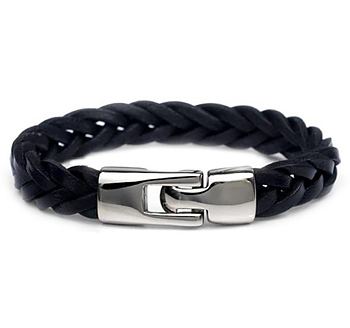 Armband med tvinnade läderremmar och knäppning i rostfritt stål -Svart