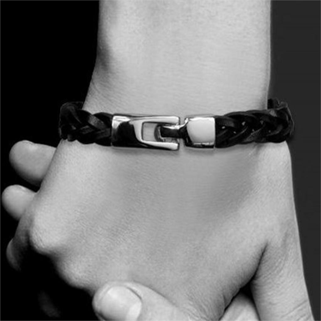 Armband med tvinnade läderremmar och knäppning i rostfritt stål -Svart - 3