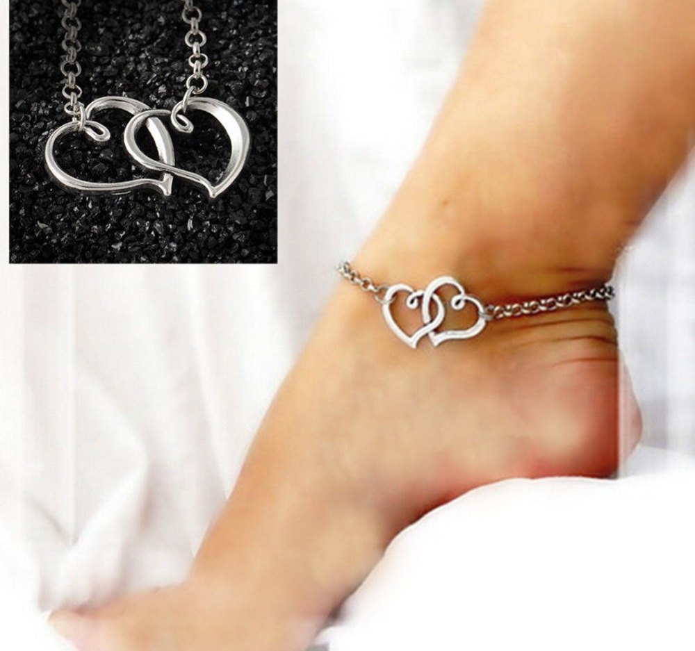 Ankelkedja "Double Hearts" i antik 925 Sterling Silverplätering