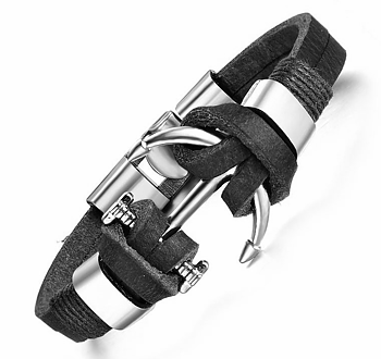 Läderarmband "Silver Anchor" -Svart