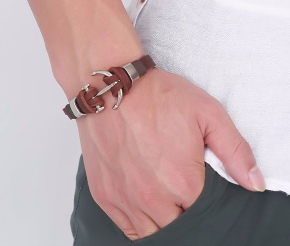 Läderarmband "Silver Anchor" -Brun - 2
