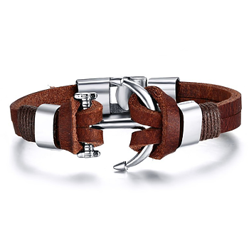 Läderarmband "Silver Anchor" -Brun