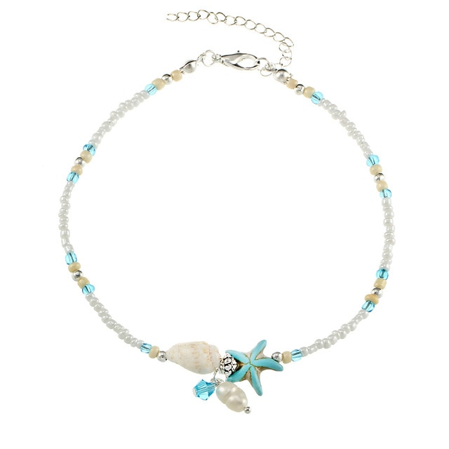 Ankelkedja "Turkos Starfish and shell" med Silverpläterad kedja