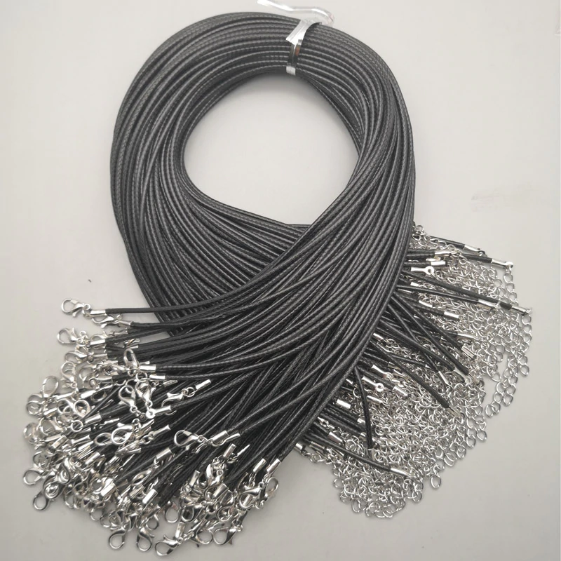 Läderrem Svart -vaxad 1,5mm resp. 2mm -längd 45cm , 60cm  resp. 70 cm + 5cm förlängningskedja