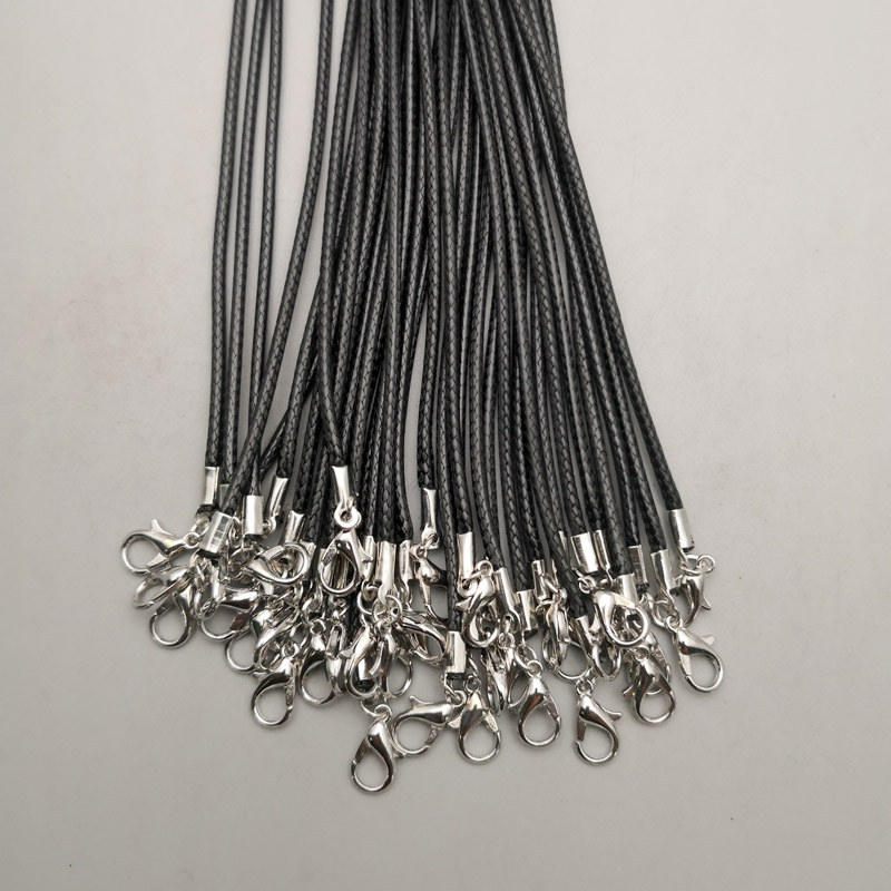 Läderrem Svart -vaxad 1,5mm resp. 2mm -längd 45cm , 60cm  resp. 70 cm + 5cm förlängningskedja - 3