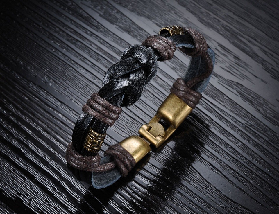 Läderarmband med bl.a repdetaljer i brunt -Antik Brons - 4