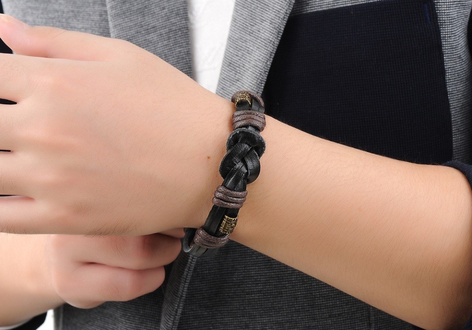 Läderarmband med bl.a repdetaljer i brunt -Antik Brons - 7