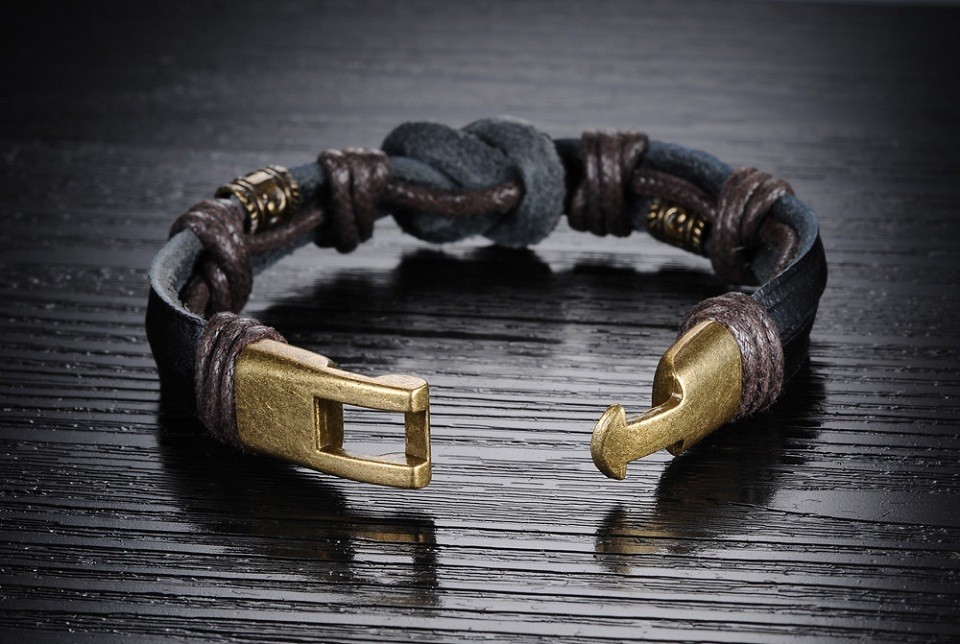 Läderarmband med bl.a repdetaljer i brunt -Antik Brons - 6