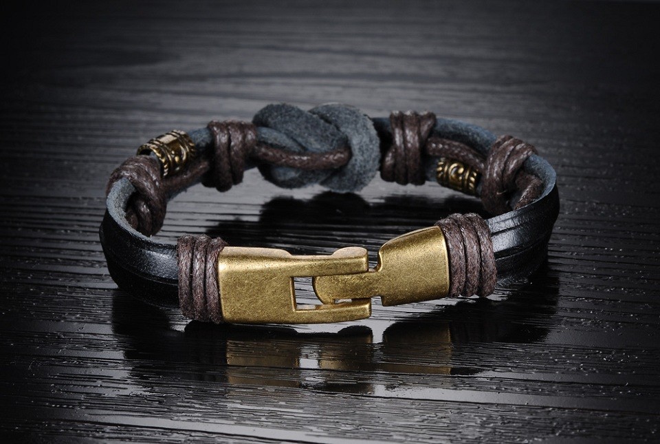 Läderarmband med bl.a repdetaljer i brunt -Antik Brons - 5