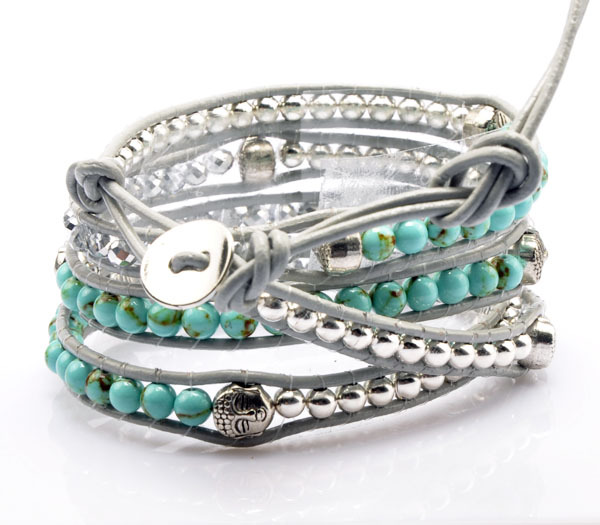 Armband Buddha med kristaller, metalldetaljer och lädersnörning -Silver/ Turkos - 2