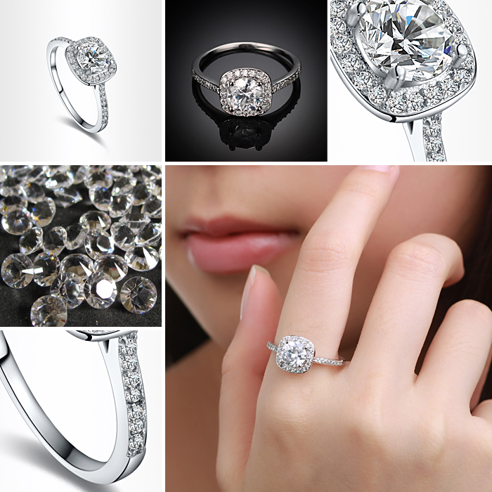 Ring i kvadratiskt utförande med en stor och många små stenar i Cubic Zirconia och 925 Sterling Silverplätering - 5