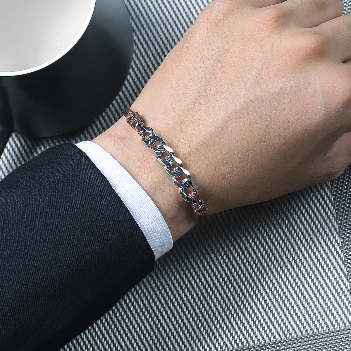 Armband "Curb" i Rostfritt stål och med vaxad rem - Grå - 2
