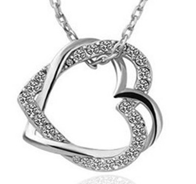 Halsband "Double hearts" med Austrian crystals och silverplätering -Vit
