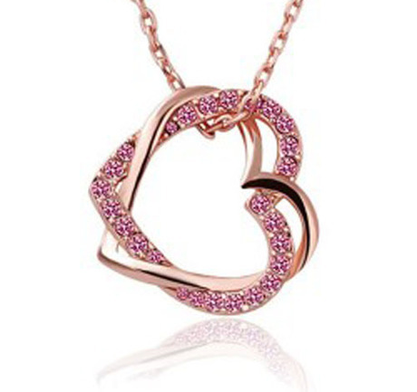 Halsband "Double hearts" med Austrian crystals och guldplätering -Rosa