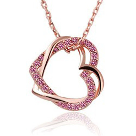 Halsband "Double hearts" med Austrian crystals och guldplätering -Rosa - 2