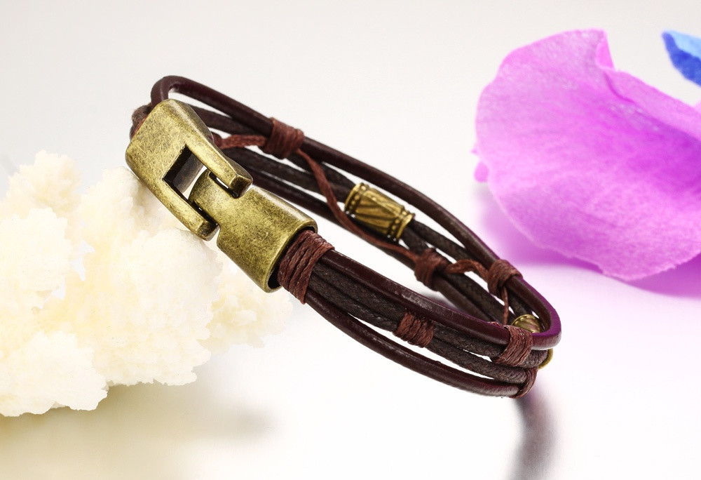 Läderarmband med bl.a repdetaljer i brunt -Antik Brons - 6