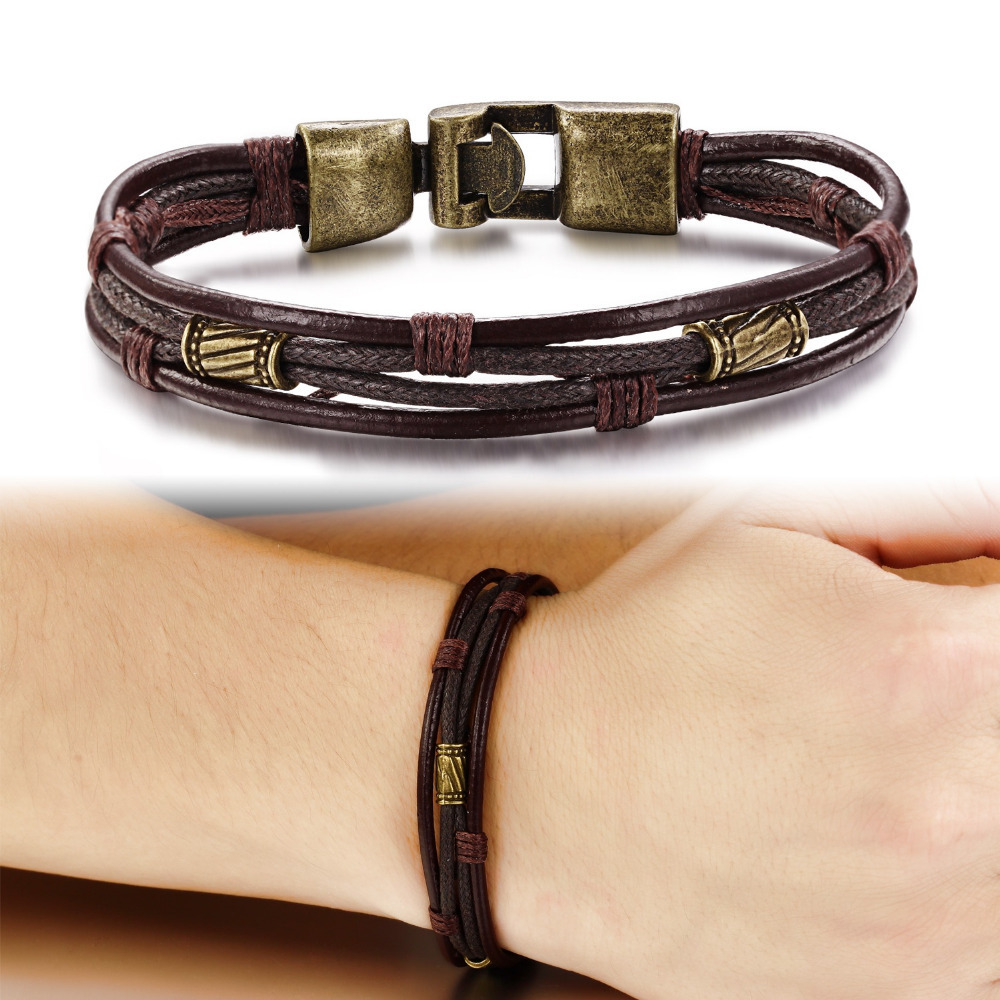 Läderarmband med bl.a repdetaljer i brunt -Antik Brons - 2