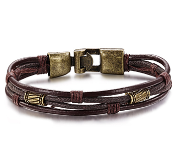 Läderarmband med bl.a repdetaljer i brunt -Antik Brons