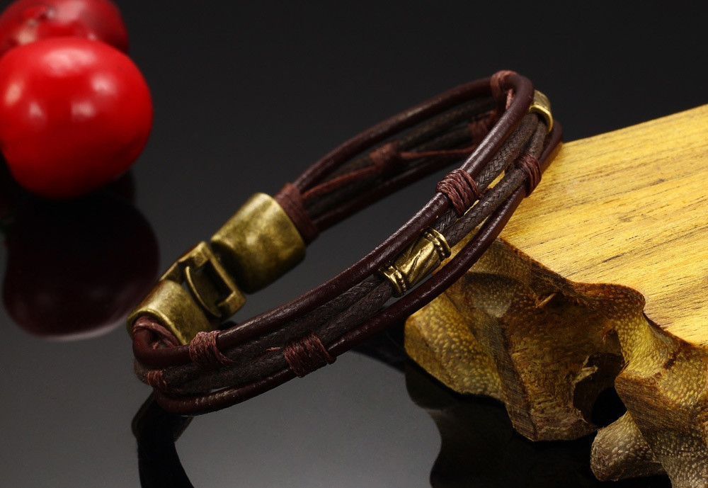 Läderarmband med bl.a repdetaljer i brunt -Antik Brons - 3