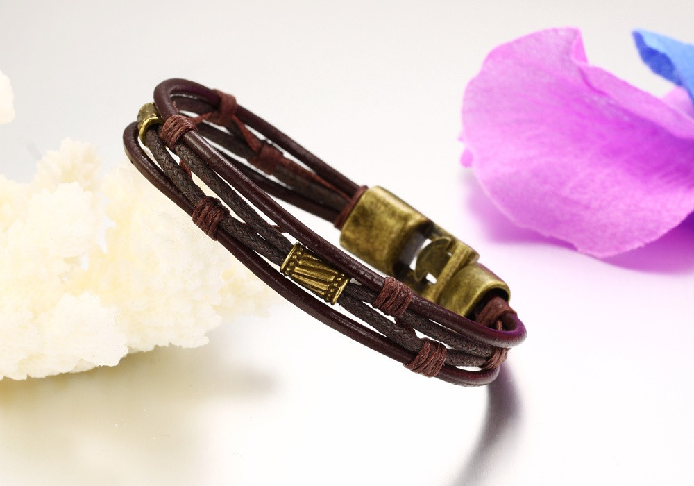 Läderarmband med bl.a repdetaljer i brunt -Antik Brons - 5