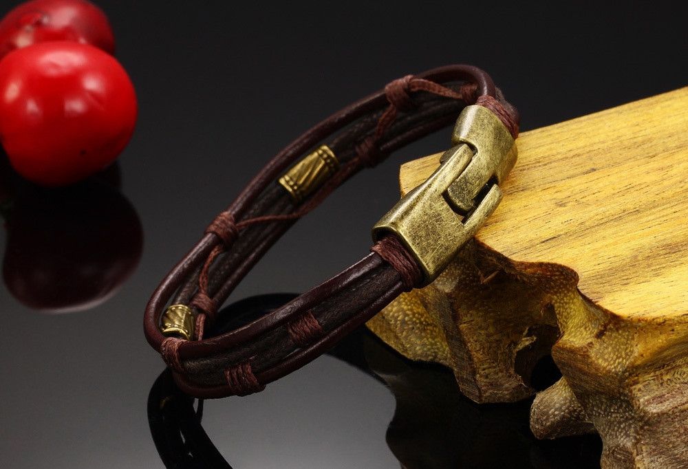 Läderarmband med bl.a repdetaljer i brunt -Antik Brons - 4
